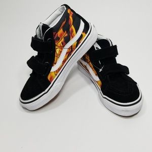 Vans high tops w\ Velcro straps black suede flames